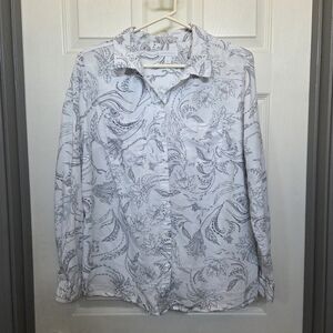 Charter Club Black and White Botanical Print Linen Cotton Button Down Shirt Lg.